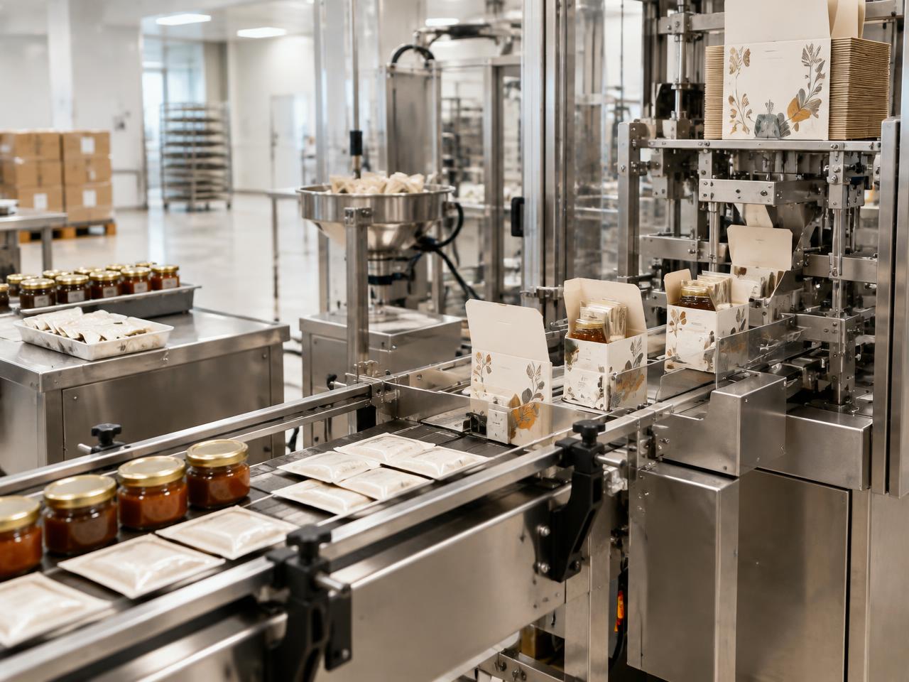 Sachets und Gläser werden auf einer Kartonierlinie in Faltschachteln verpackt