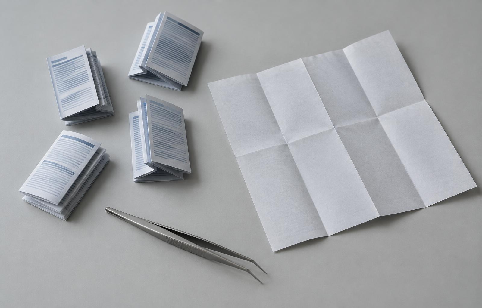 Mehrfach gefaltete Beipackzettel neben einem flach ausgebreiteten, gefalzten Papierbogen
