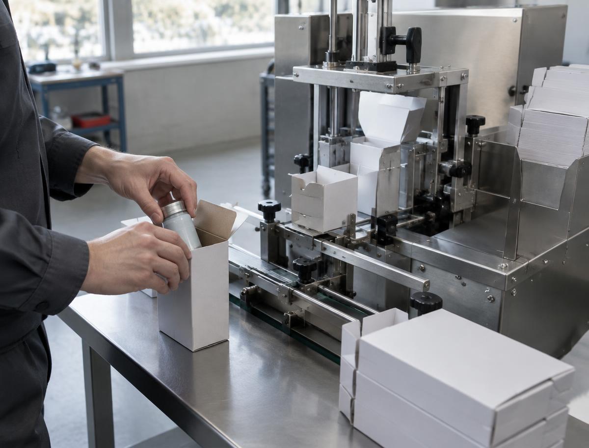 Bediener legt ein Produkt an einer halbautomatischen Kartoniermaschine in eine Faltschachtel ein